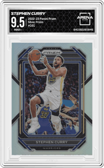 Stephen Curry from the 2022-23 Panini Prizm  set featuring a Silver Prizm parallel graded by Arena Club and given an overall grade of 9.5.