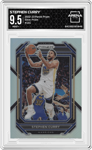 Stephen Curry from the 2022-23 Panini Prizm  set featuring a Silver Prizm parallel graded by Arena Club and given an overall grade of 9.5.