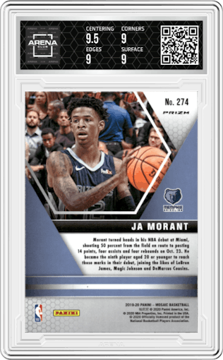 Ja Morant from the 2019-20 Panini Mosaic  set featuring a Reactive Orange parallel graded by Arena Club and given an overall grade of 9.