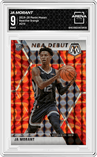 Ja Morant from the 2019-20 Panini Mosaic  set featuring a Reactive Orange parallel graded by Arena Club and given an overall grade of 9.