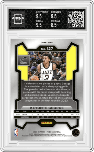 Keyonte George from the 2023-24 Panini Prizm set featuring a Pink Ice parallel graded by Arena Club and given an overall grade of 9.
