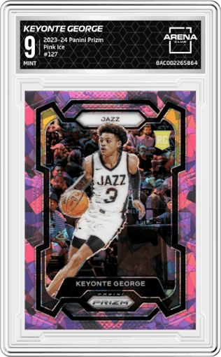 Keyonte George from the 2023-24 Panini Prizm set featuring a Pink Ice parallel graded by Arena Club and given an overall grade of 9.