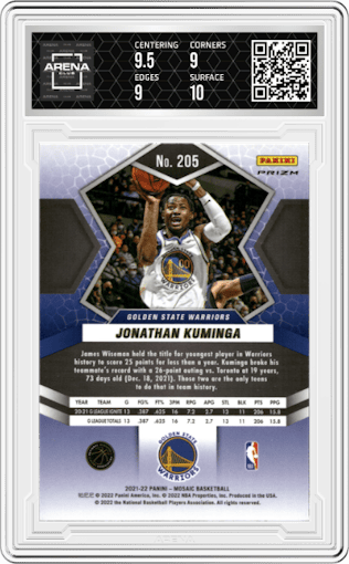 Jonathan Kuminga from the 2021-22 Panini Mosaic  set featuring a Choice Red & Green parallel graded by Arena Club and given an overall grade of 9.5.
