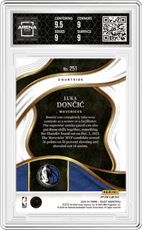 Luka Doncic from the 2023-24 Panini Select  set featuring a Red Cracked Ice parallel graded by Arena Club and given an overall grade of 9.