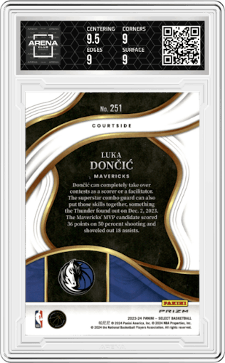 Luka Doncic from the 2023-24 Panini Select  set featuring a Red Cracked Ice parallel graded by Arena Club and given an overall grade of 9.