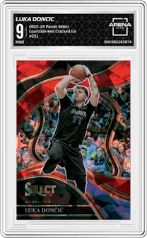 Luka Doncic from the 2023-24 Panini Select  set featuring a Red Cracked Ice parallel graded by Arena Club and given an overall grade of 9.