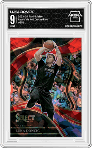 Luka Doncic from the 2023-24 Panini Select  set featuring a Red Cracked Ice parallel graded by Arena Club and given an overall grade of 9.