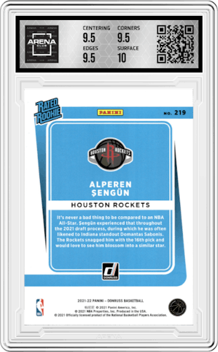 Alperen Sengun from the 2021-22 Panini Donruss set featuring a Red/Gold Holo Laser parallel graded by Arena Club and given an overall grade of 10.