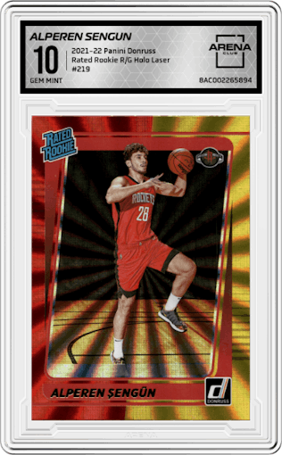 Alperen Sengun from the 2021-22 Panini Donruss set featuring a Red/Gold Holo Laser parallel graded by Arena Club and given an overall grade of 10.