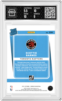 Scottie Barnes from the 2021-22 Panini Donruss set featuring a Red/Gold Holo Laser parallel graded by Arena Club and given an overall grade of 9.5.