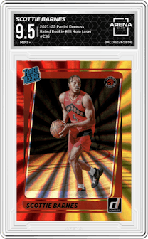 Scottie Barnes from the 2021-22 Panini Donruss set featuring a Red/Gold Holo Laser parallel graded by Arena Club and given an overall grade of 9.5.