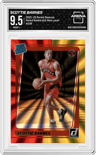 Scottie Barnes from the 2021-22 Panini Donruss set featuring a Red/Gold Holo Laser parallel graded by Arena Club and given an overall grade of 9.5.