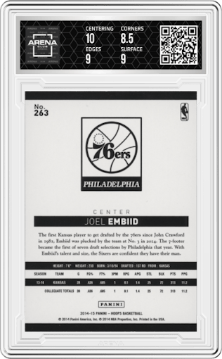 Joel Embiid from the 2014-15 Panini NBA Hoops  set graded by Arena Club and given an overall grade of 9.