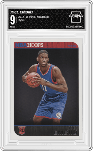 Joel Embiid from the 2014-15 Panini NBA Hoops  set graded by Arena Club and given an overall grade of 9.