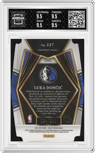 Luka Doncic from the 2021-22 Panini Select set featuring a Die-Cut Blue   parallel graded by Arena Club and given an overall grade of 9.5.