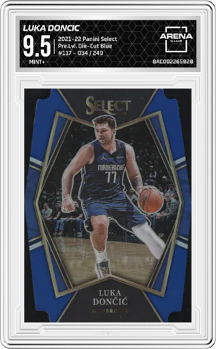 Luka Doncic from the 2021-22 Panini Select set featuring a Die-Cut Blue   parallel graded by Arena Club and given an overall grade of 9.5.