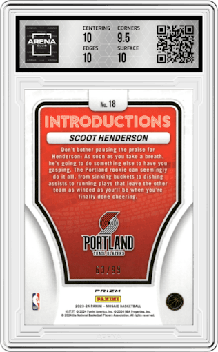 Scoot Henderson from the 2023-24 Panini Mosaic set featuring a Purple Mosaic parallel graded by Arena Club and given an overall grade of 10.
