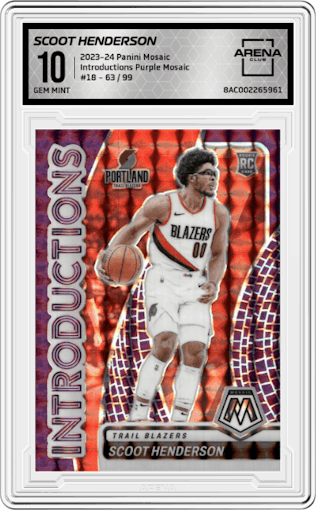 Scoot Henderson from the 2023-24 Panini Mosaic set featuring a Purple Mosaic parallel graded by Arena Club and given an overall grade of 10.