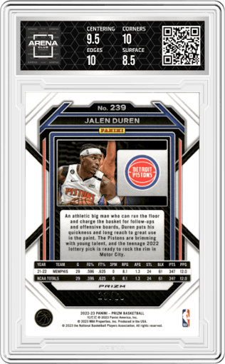 Jalen Duren from the 2022-23 Panini Prizm  set featuring a Orange Wave parallel graded by Arena Club and given an overall grade of 9.
