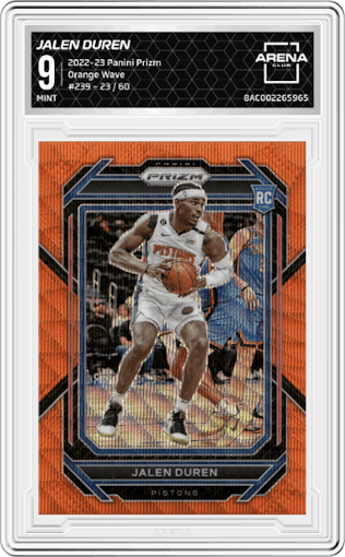 Jalen Duren from the 2022-23 Panini Prizm  set featuring a Orange Wave parallel graded by Arena Club and given an overall grade of 9.
