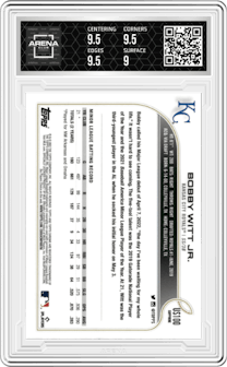 Bobby Witt Jr. from the 2022 Topps Chrome Update Sapphire Edition  set graded by Arena Club and given an overall grade of 9.5.