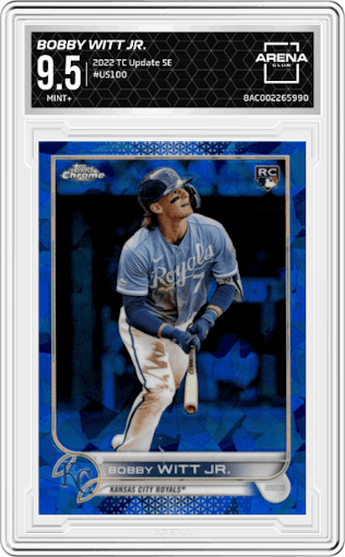 Bobby Witt Jr. from the 2022 Topps Chrome Update Sapphire Edition  set graded by Arena Club and given an overall grade of 9.5.