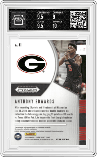 Anthony Edwards from the 2020-21 Panini Prizm Draft Picks set featuring a Silver Prizm parallel graded by Arena Club and given an overall grade of 9.5.