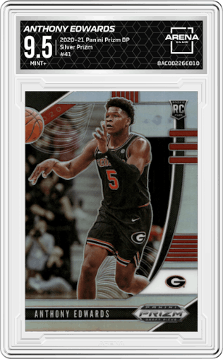 Anthony Edwards from the 2020-21 Panini Prizm Draft Picks set featuring a Silver Prizm parallel graded by Arena Club and given an overall grade of 9.5.