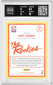 Joel Embiid from the 2014-15 Panini Donruss  set graded by Arena Club and given an overall grade of 9.