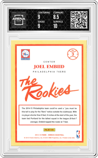 Joel Embiid from the 2014-15 Panini Donruss  set graded by Arena Club and given an overall grade of 9.