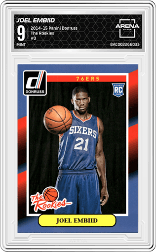 Joel Embiid from the 2014-15 Panini Donruss  set graded by Arena Club and given an overall grade of 9.