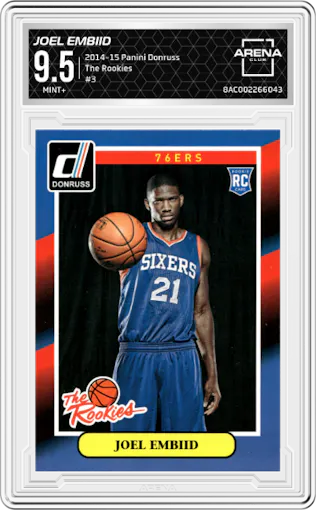 Joel Embiid from the 2014-15 Panini Donruss  set graded by Arena Club and given an overall grade of 9.5.