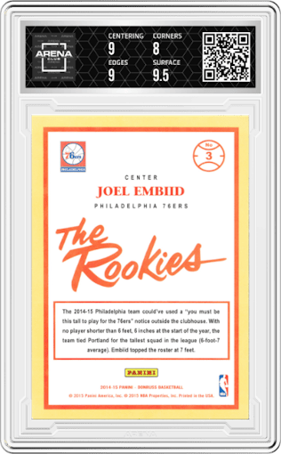 Joel Embiid from the 2014-15 Panini Donruss  set graded by Arena Club and given an overall grade of 8.5.