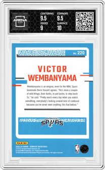 Victor Wembanyama from the 2023-24 Panini Donruss set featuring a Red parallel graded by Arena Club and given an overall grade of 9.5.