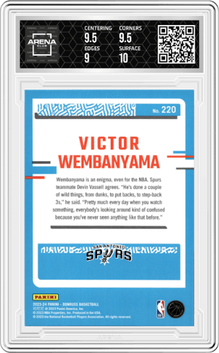 Victor Wembanyama from the 2023-24 Panini Donruss set featuring a Red parallel graded by Arena Club and given an overall grade of 9.5.