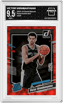 Victor Wembanyama from the 2023-24 Panini Donruss set featuring a Red parallel graded by Arena Club and given an overall grade of 9.5.