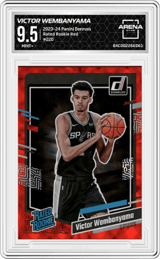 Victor Wembanyama from the 2023-24 Panini Donruss set featuring a Red parallel graded by Arena Club and given an overall grade of 9.5.