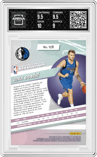 Luka Doncic from the 2018-19 Panini Revolution  set graded by Arena Club and given an overall grade of 9.5.