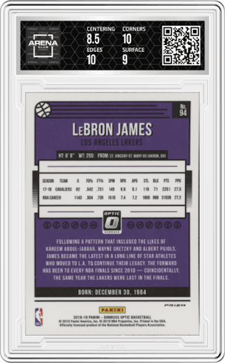 LeBron James from the 2018-19 Panini Donruss Optic set featuring a Holo parallel graded by Arena Club and given an overall grade of 9.