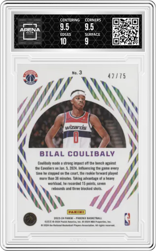 Bilal Coulibaly from the 2023-24 Panini Phoenix set featuring a Purple parallel graded by Arena Club and given an overall grade of 9.5.