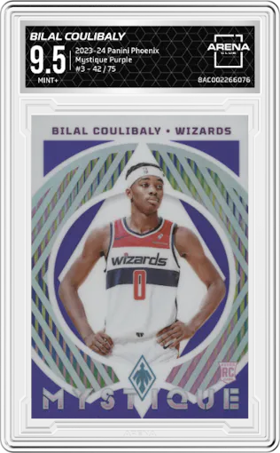 Bilal Coulibaly from the 2023-24 Panini Phoenix set featuring a Purple parallel graded by Arena Club and given an overall grade of 9.5.