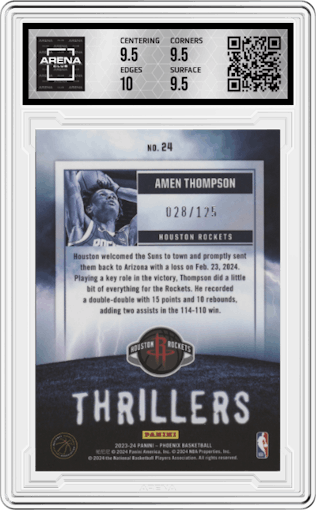 Amen Thompson from the 2023-24 Panini Phoenix set featuring a Red parallel graded by Arena Club and given an overall grade of 10.