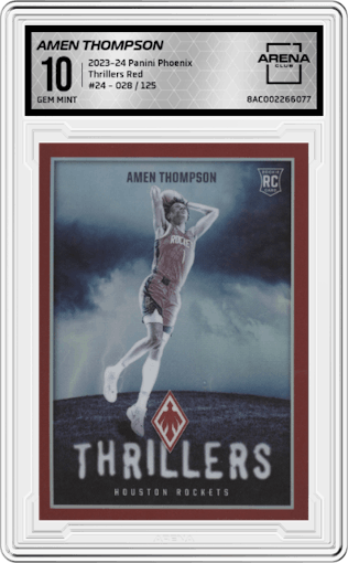 Amen Thompson from the 2023-24 Panini Phoenix set featuring a Red parallel graded by Arena Club and given an overall grade of 10.