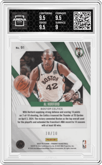 Al Horford from the 2023-24 Panini Phoenix set featuring a Gold parallel graded by Arena Club and given an overall grade of 9.5.