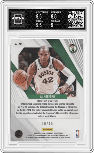 Al Horford from the 2023-24 Panini Phoenix set featuring a Gold parallel graded by Arena Club and given an overall grade of 9.5.