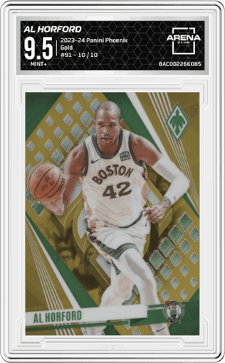Al Horford from the 2023-24 Panini Phoenix set featuring a Gold parallel graded by Arena Club and given an overall grade of 9.5.