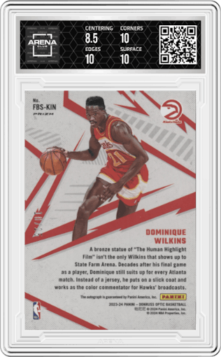 Dominique Wilkins from the 2023-24 Donruss Optic set featuring a Pink parallel graded by Arena Club and given an overall grade of 9.