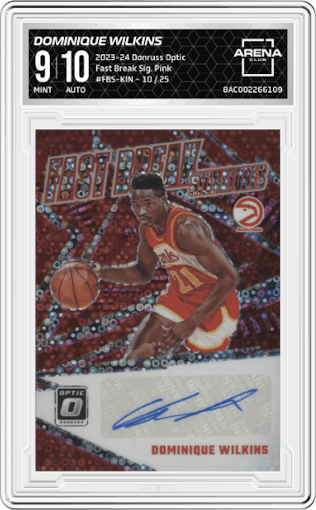 Dominique Wilkins from the 2023-24 Donruss Optic set featuring a Pink parallel graded by Arena Club and given an overall grade of 9.