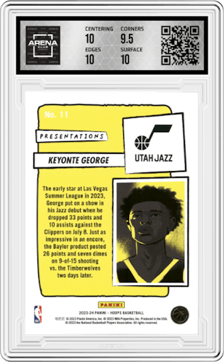 Keyonte George from the 2023-24 Panini NBA Hoops set graded by Arena Club and given an overall grade of 10.