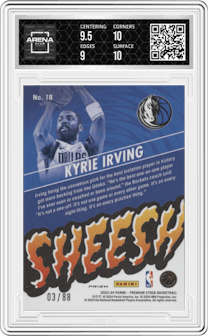 Kyrie Irving from the 2023-24 Panini Hoops Premium Stock set featuring a  Premium Red Prizm  parallel graded by Arena Club and given an overall grade of 9.5.